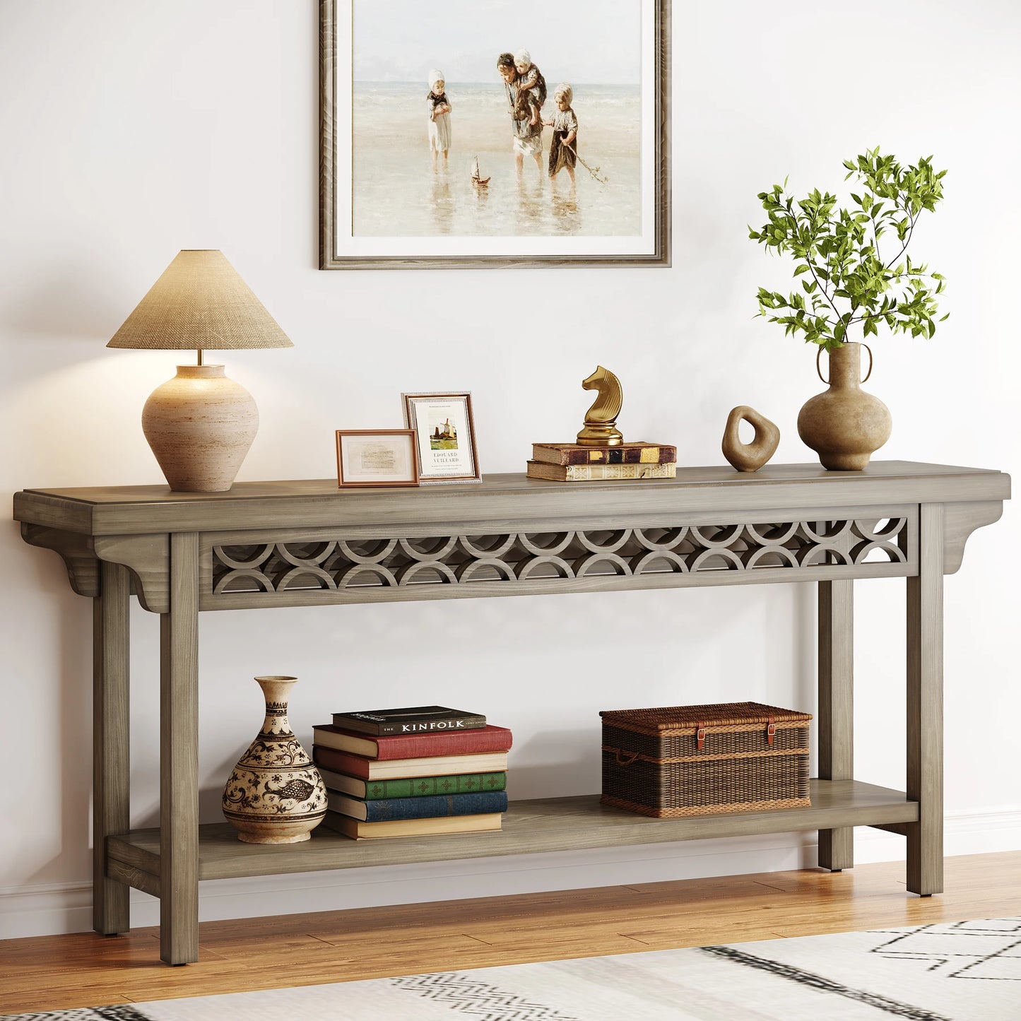 LITTLE TREE 70.8-Inch Solid Wood Long Console Table, Farmhouse Entryway Table with Storage, Narrow Sofa Table Grey Couch Table