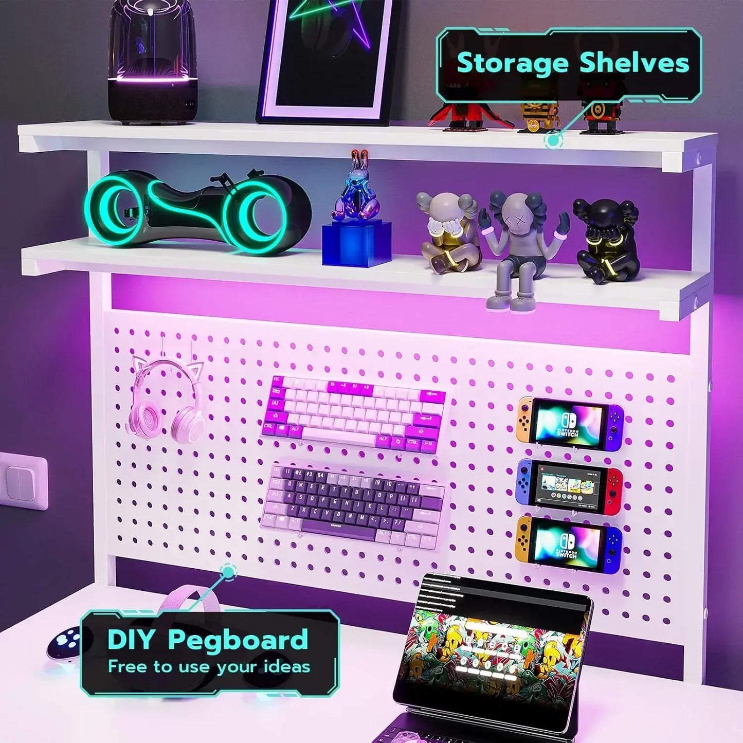White L Shaped Gaming Desk with LED Lights and Drawers, Gaming Desk with Hutch & Pegboard, Computer Desk