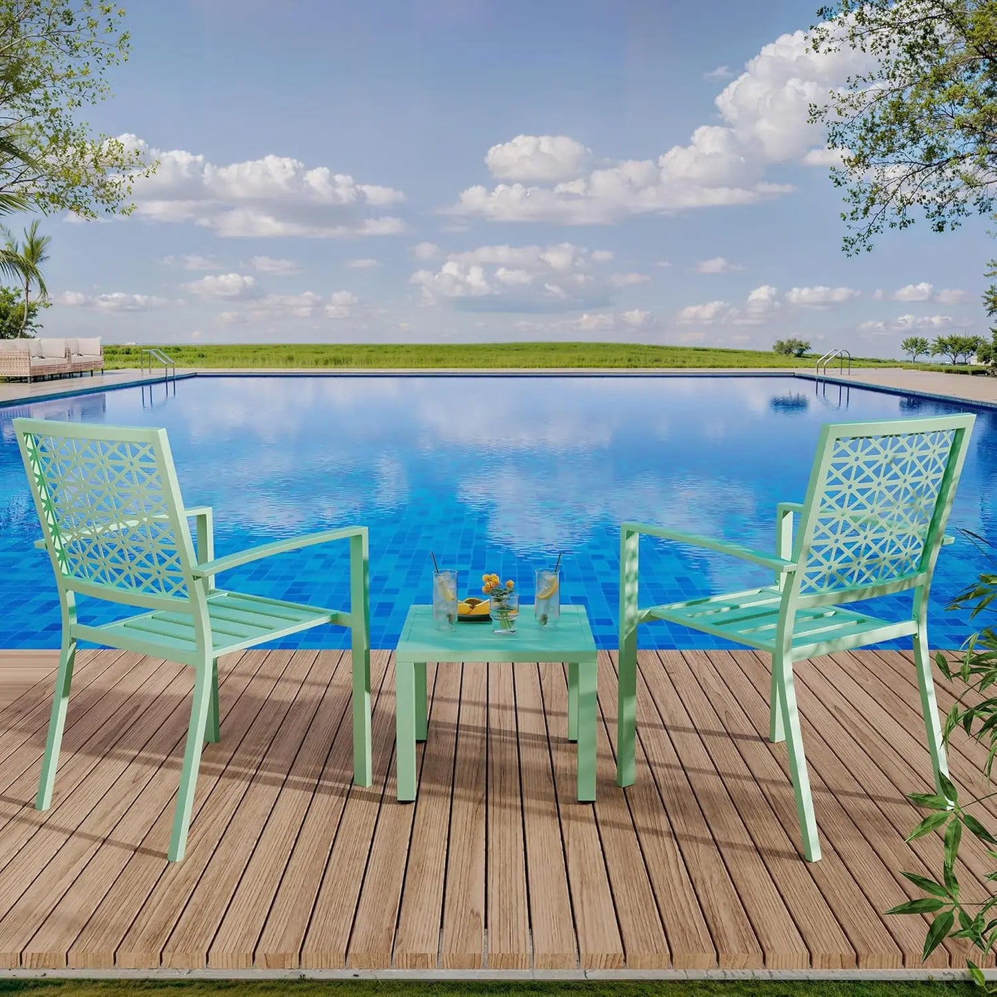 3-Piece Outdoor Bistro Set,Stackable Modern Metal Patio Furniture Set, 2 Chairs&Coffee Table,for Backyard Balcony Garden Lawn
