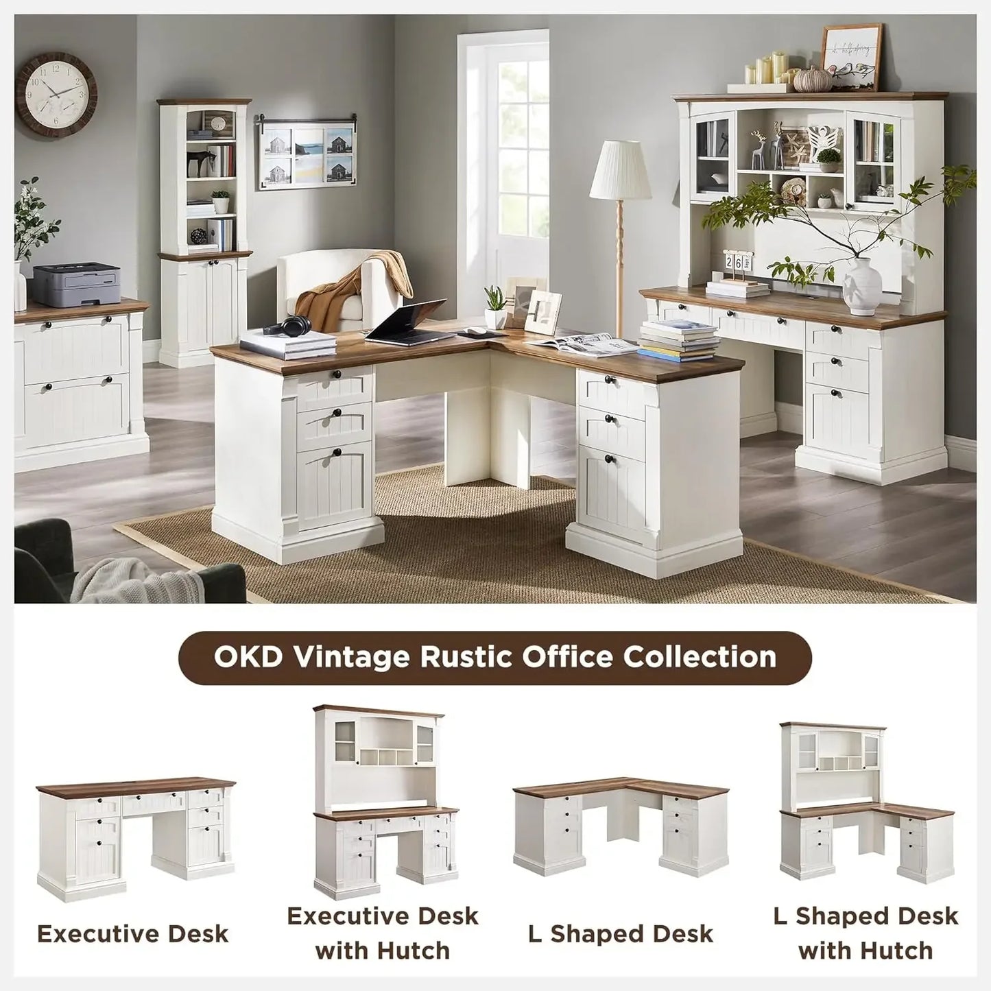 [Limited Stock, Buy Now!]60" L Shaped Executive Desk with Hutch and Drawers, Farmhouse Home Office Desk with Charging Station, F