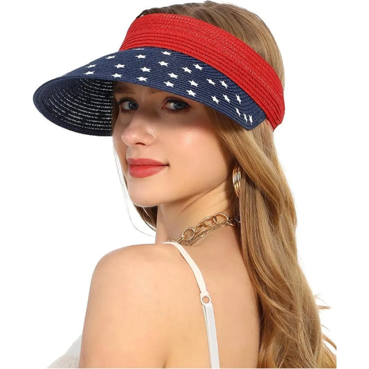 Womens Sun Hat Straw Visor UV Protection Wide Brim Packable Travel Summer Cap for Beach