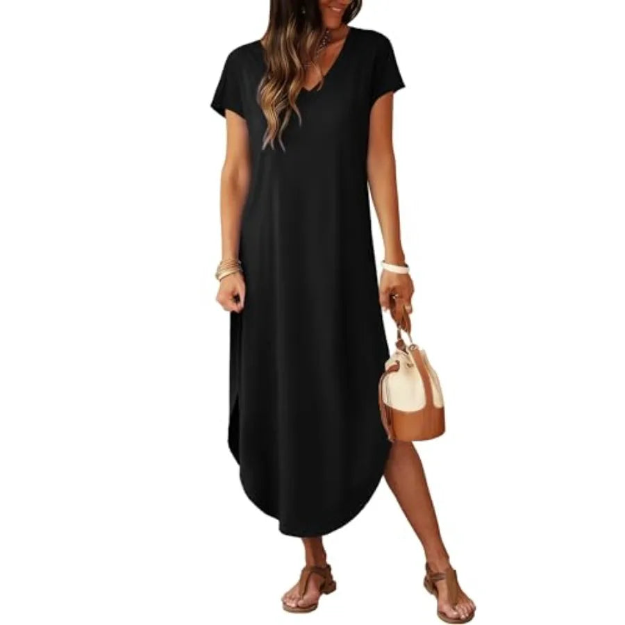 RUMIA Summer Casual Maxi Dresses for Women- Women's V Neck Cap Sleeve Long Sundress with Pockets Beach Vacation