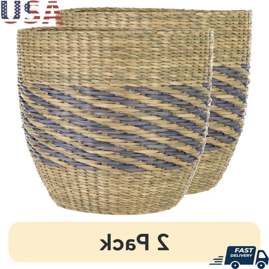 2 Pack Handwoven Seagrass Basket Tapered Design Decorative Storage Container Perfect Indoor Planter Nesting Home Organization