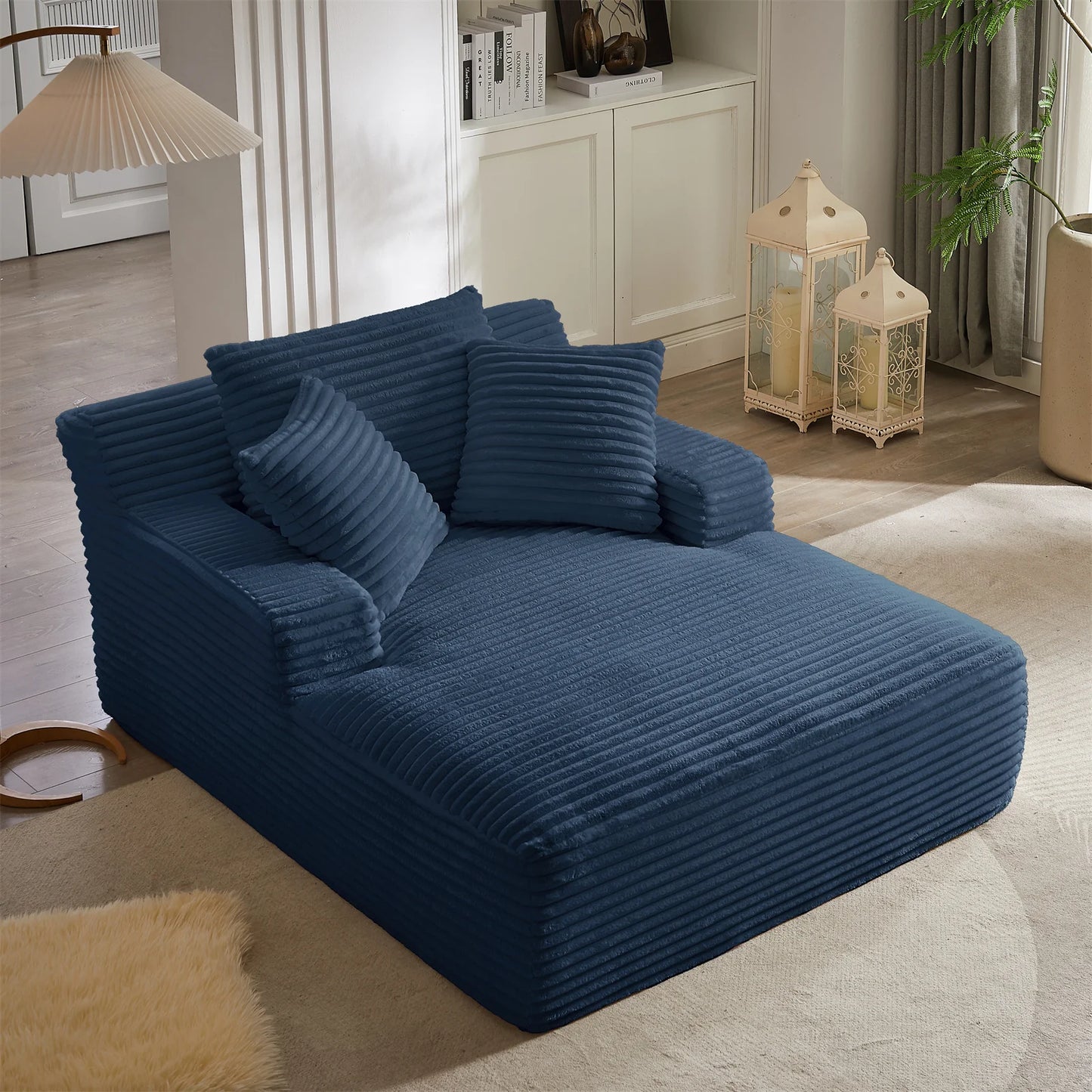 66" Oversized Chaise Lounge Chair Corduroy Oversized Boneless Couch Sofa Bed Reading Chair Sleeper Chaise with 3 Pillows, Blue