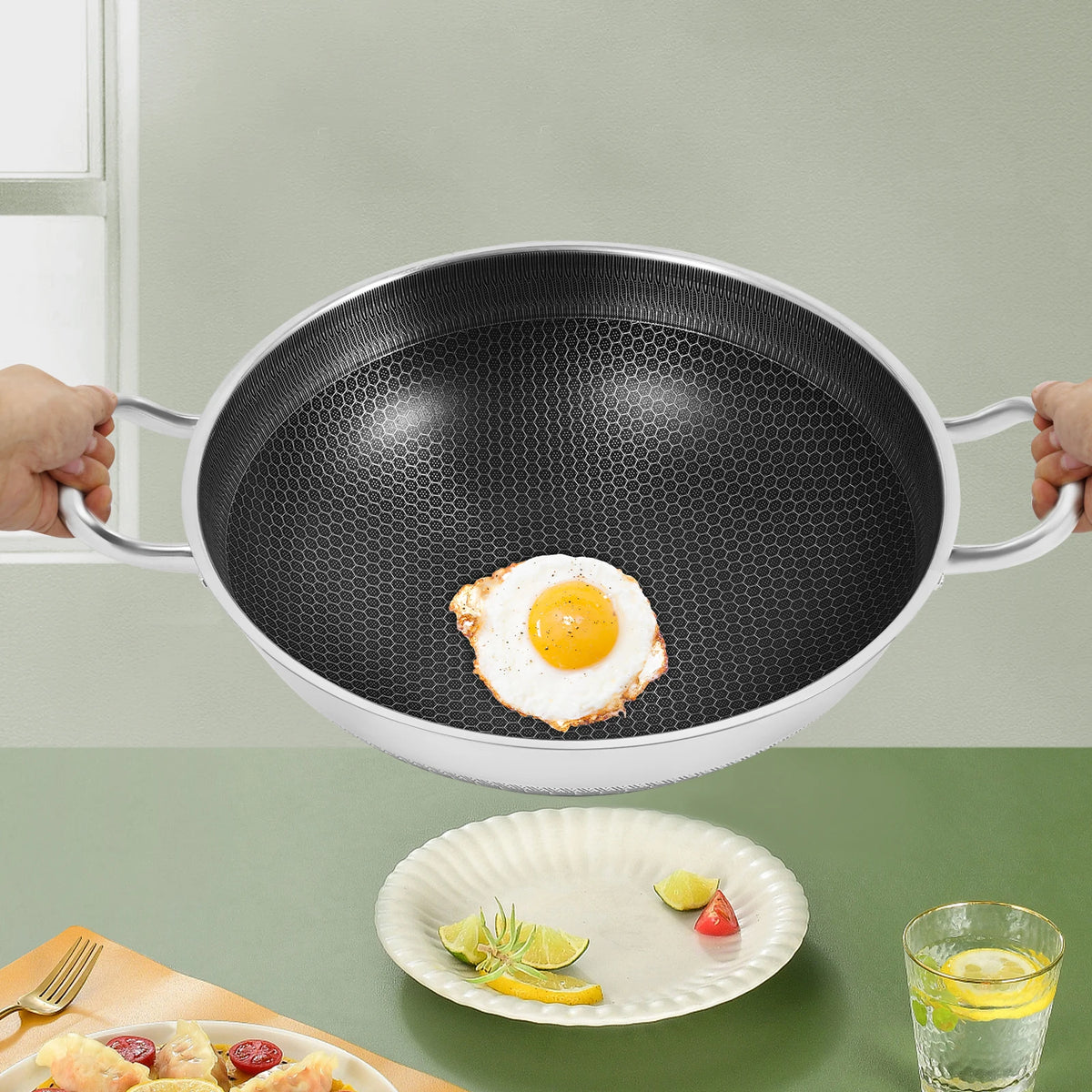 Stainless Steel Nonstick Wok Pan With Tempered Glass Lid For Most Stoves