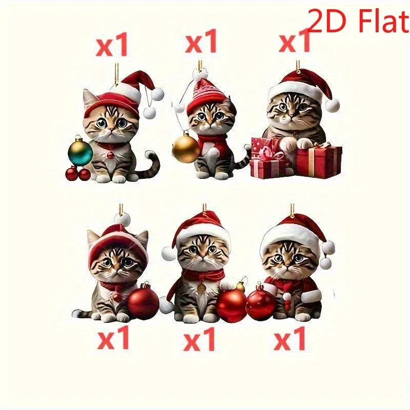 2D  6Pcs Cat Christmas Ornaments - Acrylic Festive Kitty Decor with Santa Hats