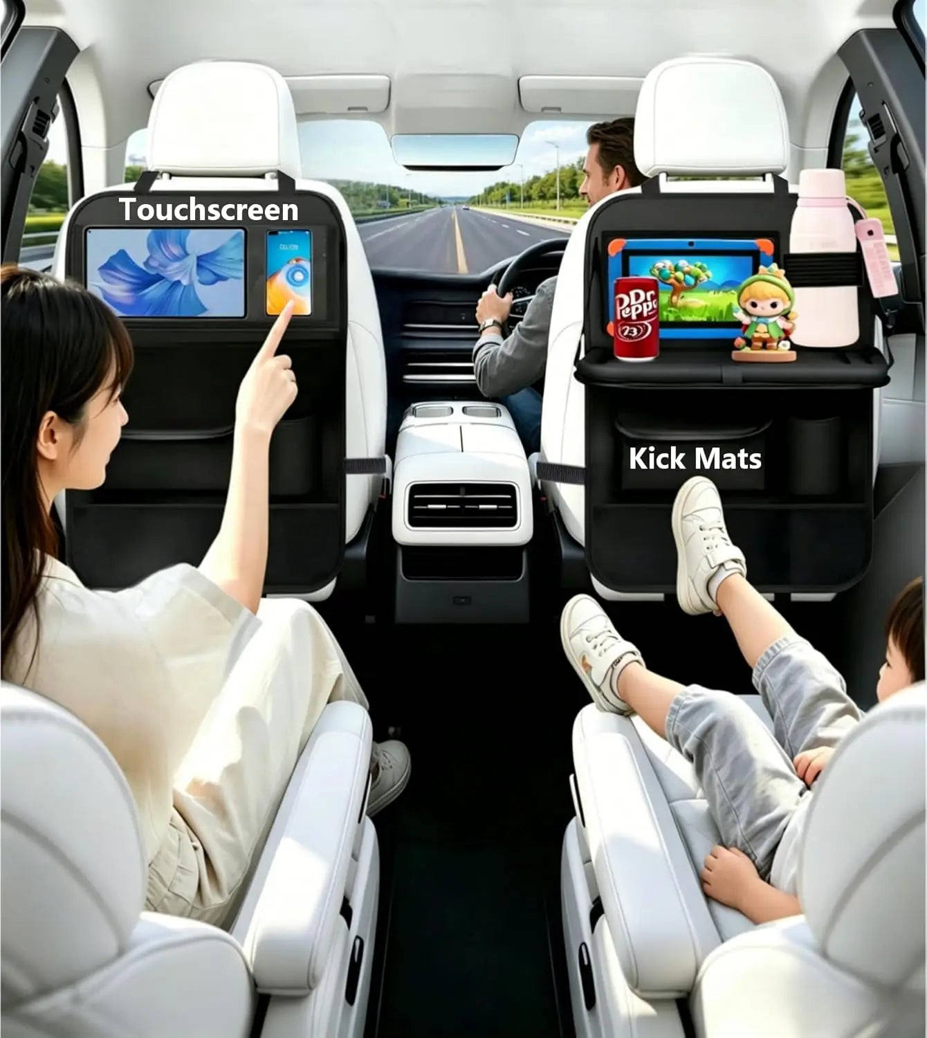 Car Seat Organiser Back Seat Kick Protector with Tray and Tablet Storage for Kids, 2 Pack