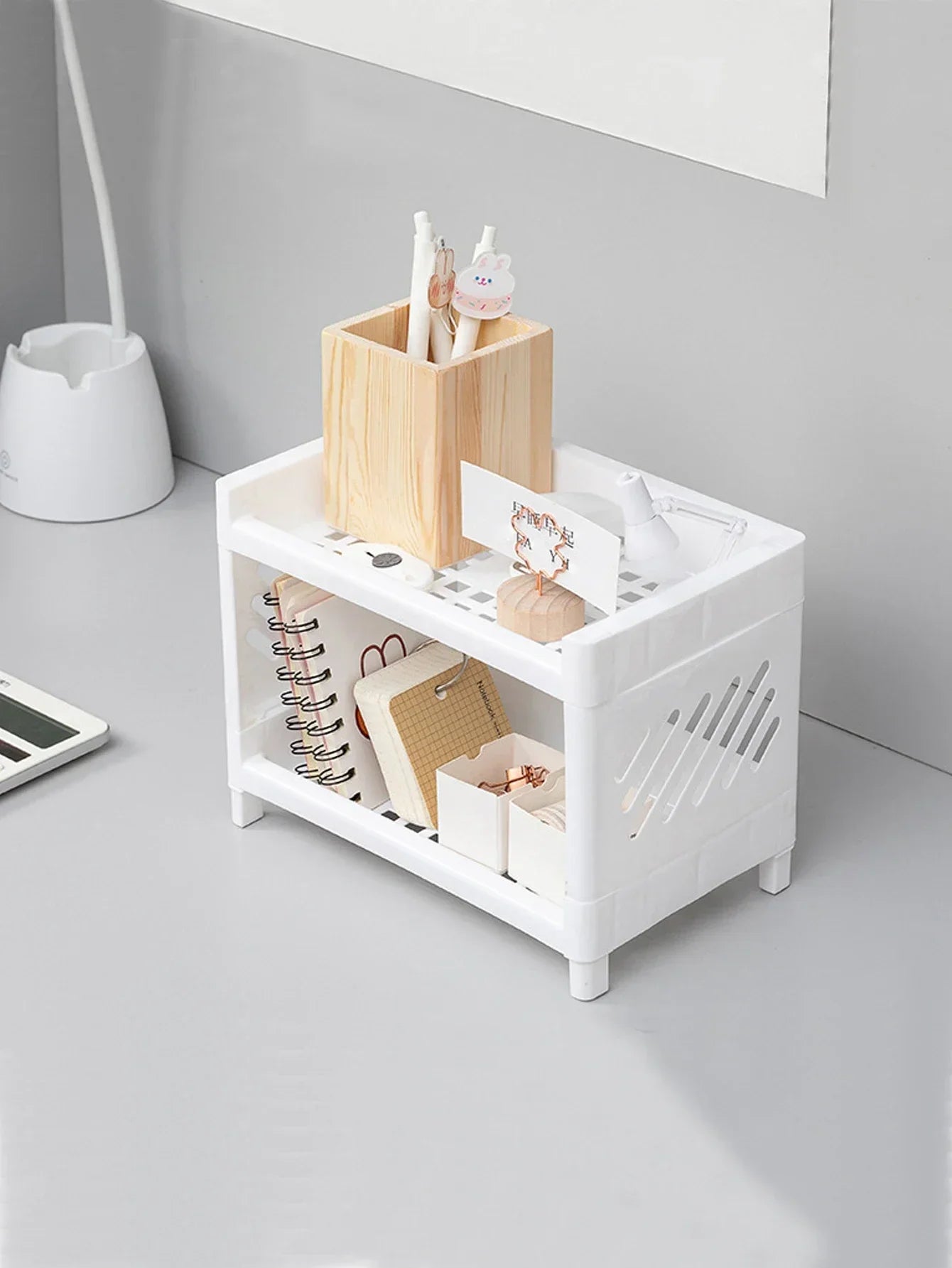 Modern Double-Deck Desk Storage Rack – Open Frame Office Organizer for Stationery, Notebooks & Daily Sundries