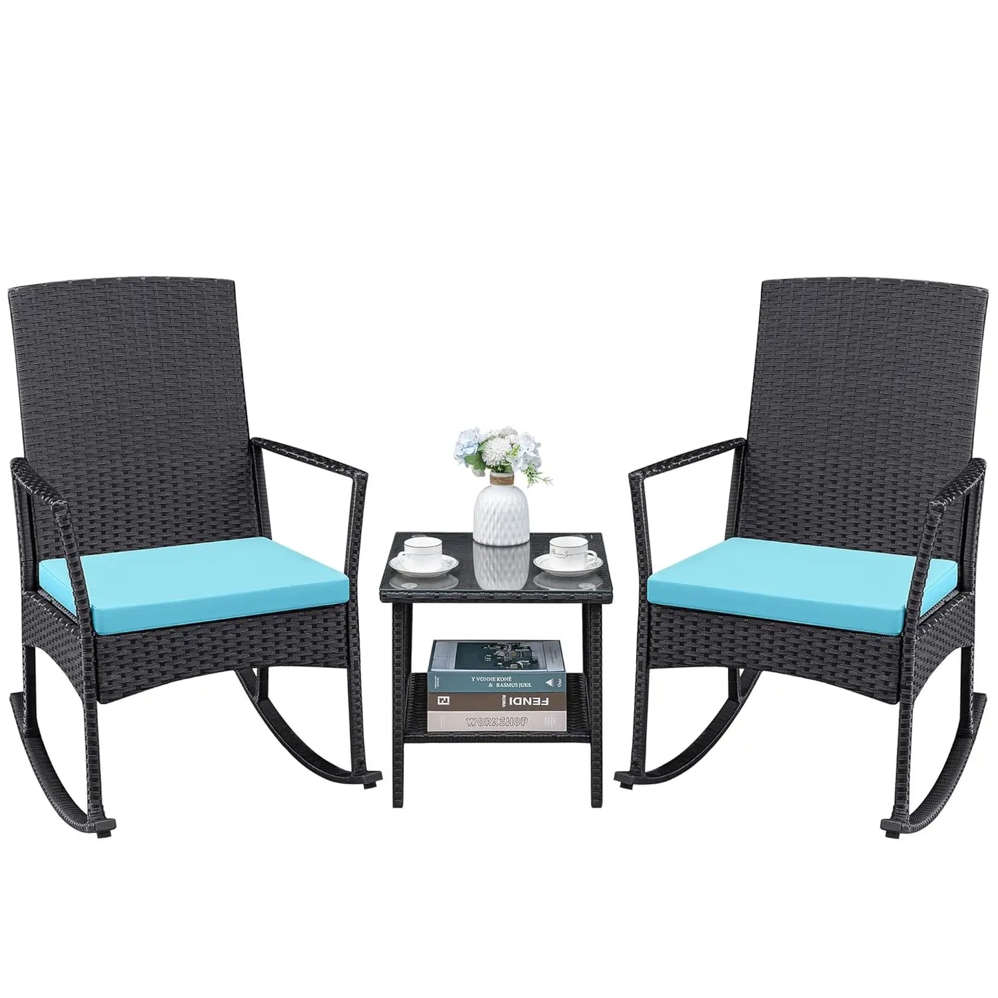 3pc Rattan Rocking Chair Patio Set w Glass Table for Garden Backyard Porch Poolside, Customized