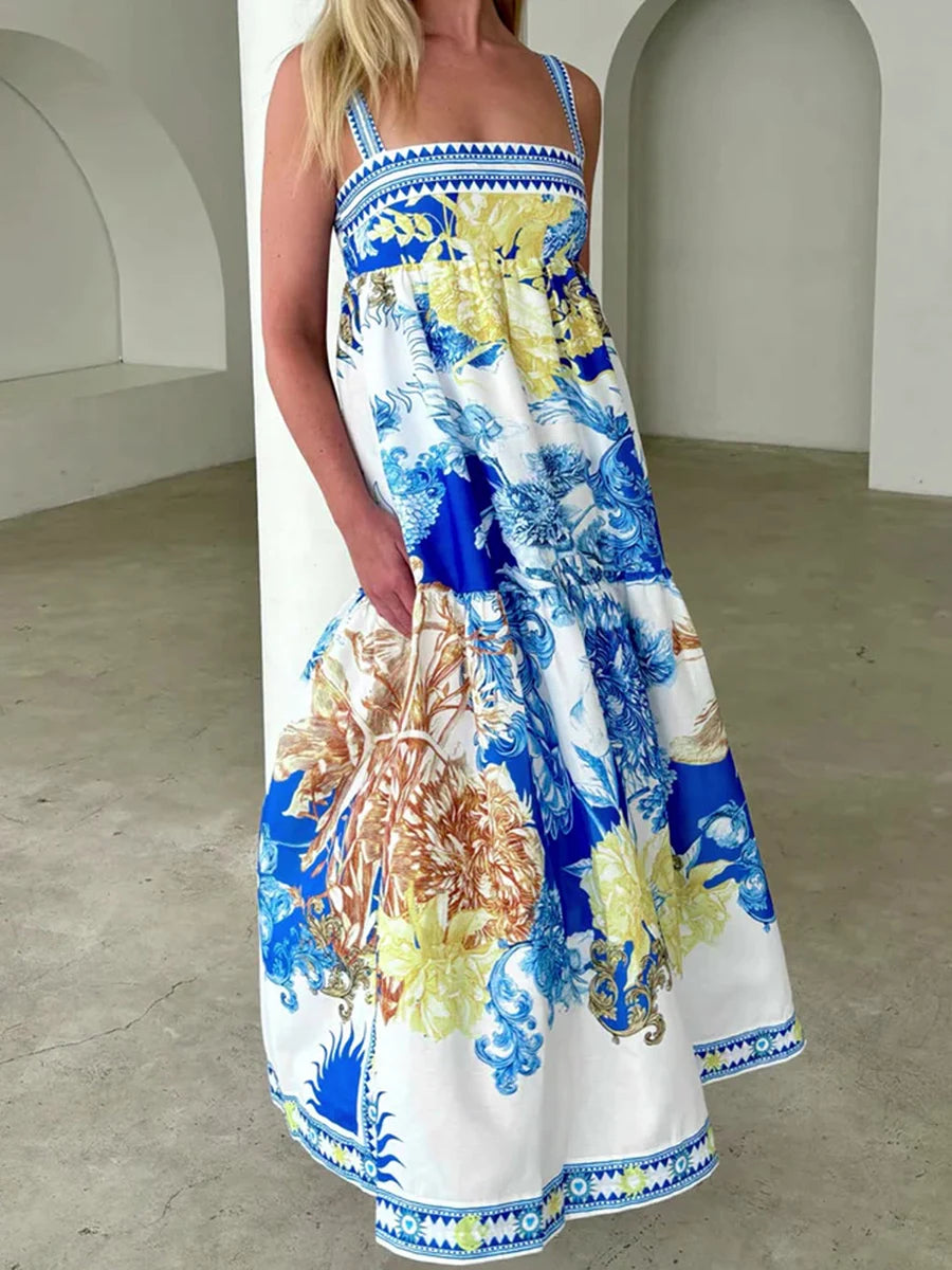 Women s Boho Maxi Dress Floral Print Sleeveless V-Neck Backless Tie-Dye Beach Dress Summer Casual Long Dress Fashion