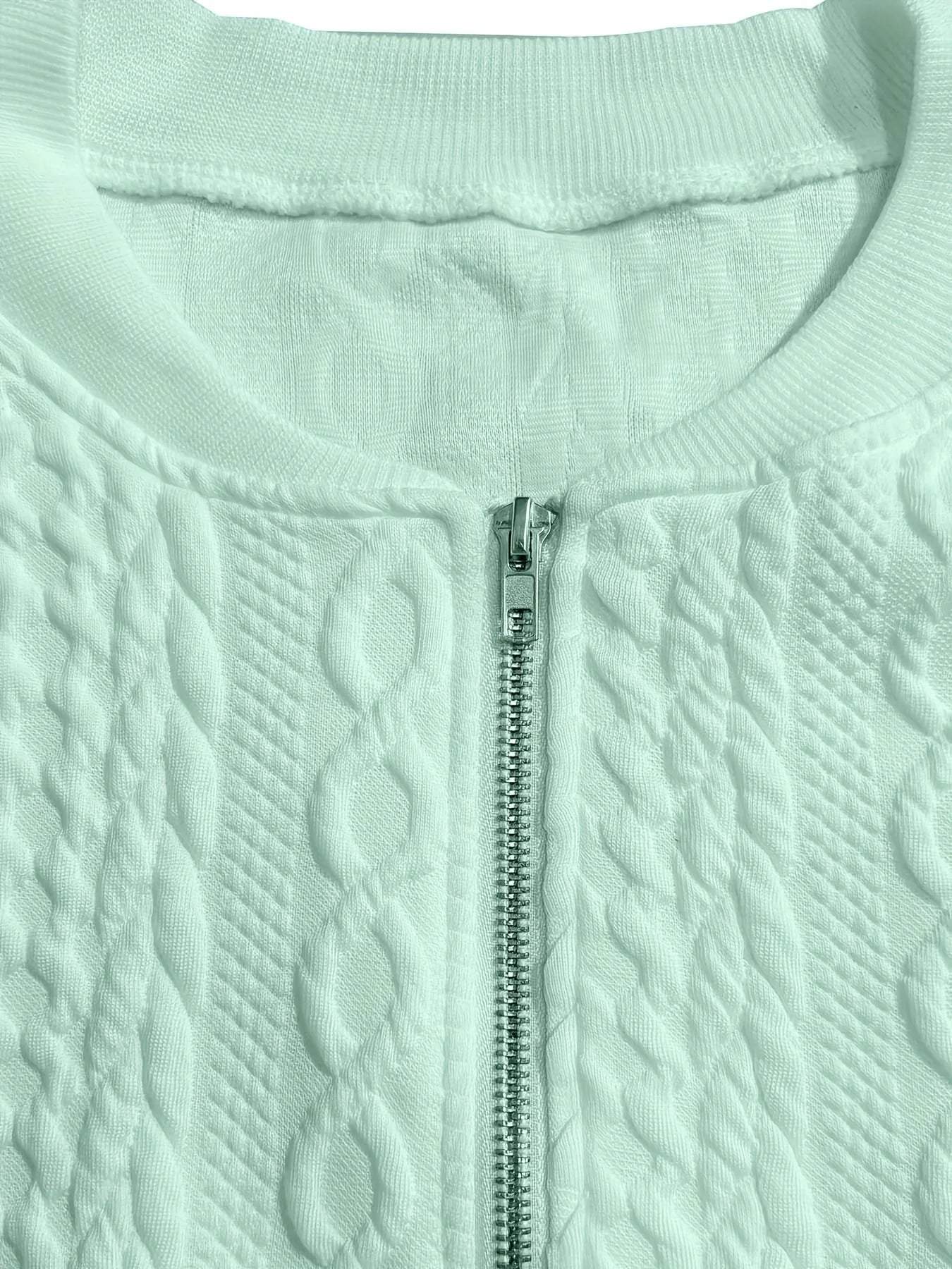 Plus size women's cable knit V-neck zip-up short jacket loose zip long sleeve pocket slimming daily commute cardigan top
