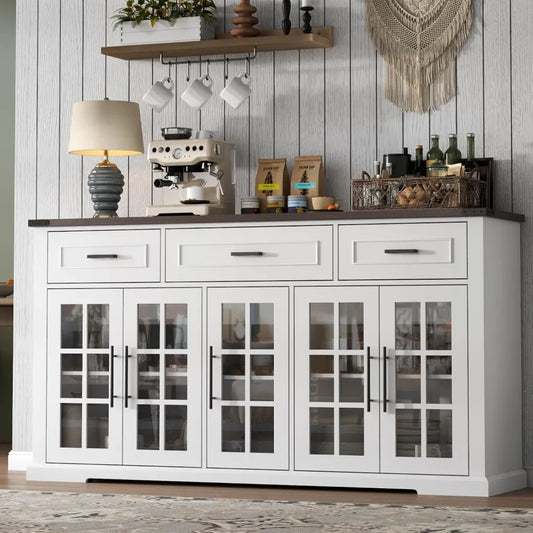 Buffet Cabinet with Storage, 63" Large Sideboard Cabinet with 3 Drawers & 5 Glass Doors, Modern Farmhouse Kitchen Cabinets Buffe
