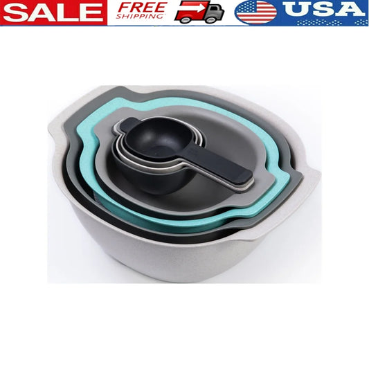 8pcs Kitchen Bowl Set Plastic Wheat Fiber Mixing Bowls Colander Strainer Measuring Cups Non-Slip Storage Lightweight Durable