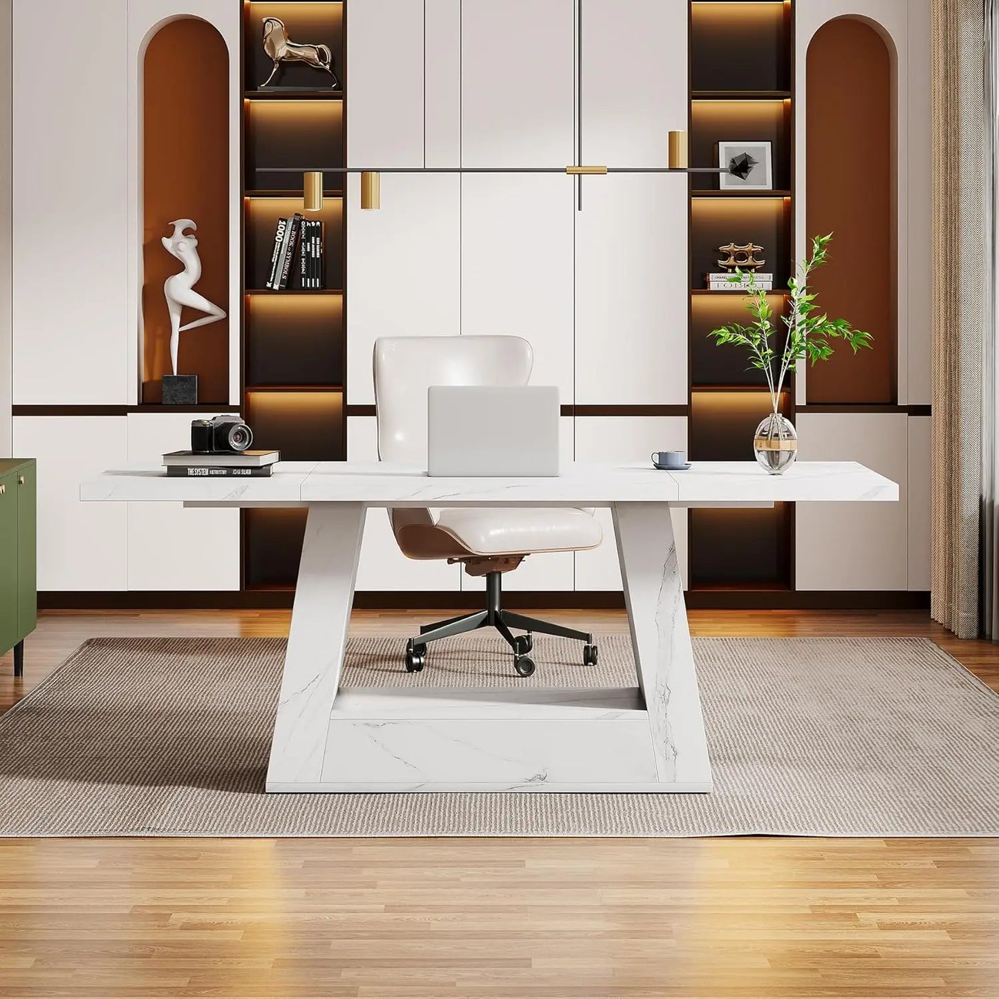 Modern Computer Desk, 63-Inch Large Office Desk , Simple Style Executive Desk, Faux Marble Writing Desk for Home Office