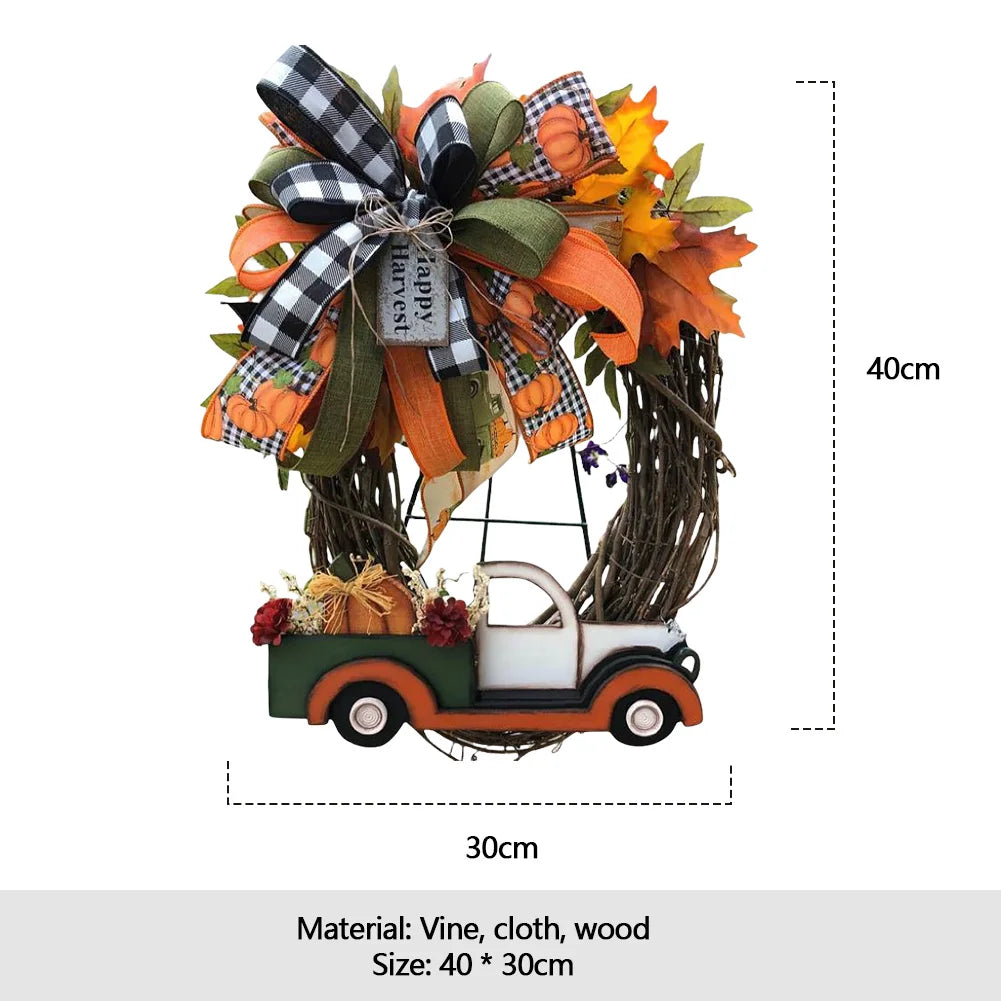 Fall Wreath Farmhouse Pumpkin Cart Wreath Halloween Pumpkin Truck Wreath Door Wreath for Halloween Thanksgiving Decor