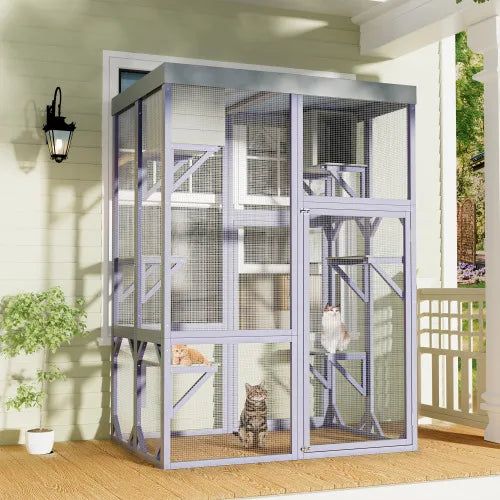 Wooden Cat Enclosure (Outdoor/Indoor): 4 Platforms, 2 Napping Houses, 2 Locks, Rounded Corners