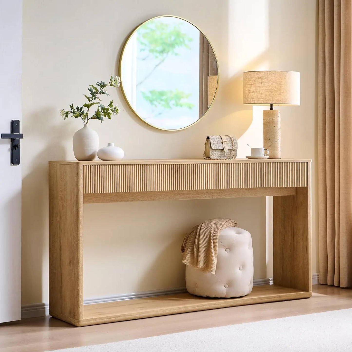 63" Fluted Console Table with 2 Large Drawers Long Entryway Sofa Table for Living Room Hallway Foyer Dark Walnut, Customized
