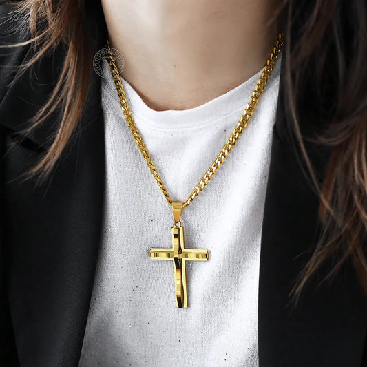 Womens Mens 2pcs Cross Pendant Necklace Layered Gold Color Stainless Steel Curb Cuban Link Chain Wholesale Jewelry