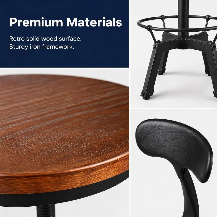Three Piece Adjustable Bar Table and Stool Set with Black Iron Backrests