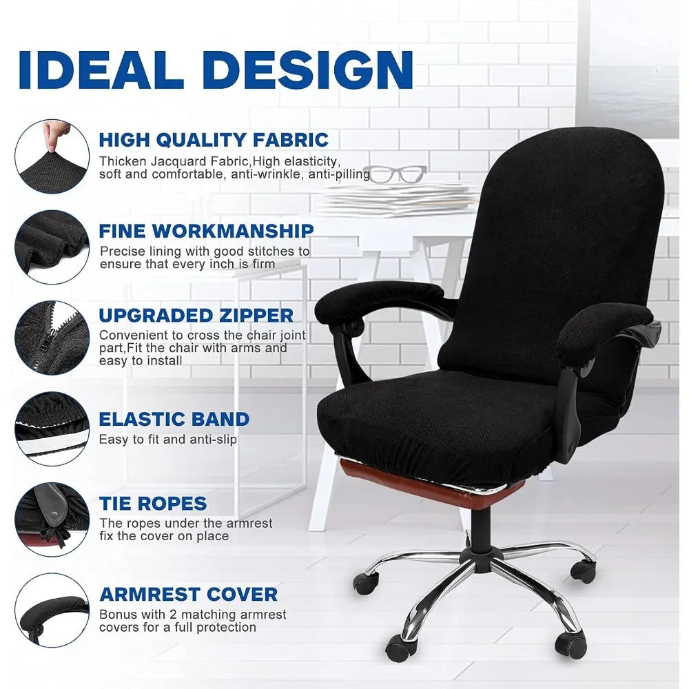 Stretchable Thick Jacquard High Back Desk Chair Cover with Armrests Large Black