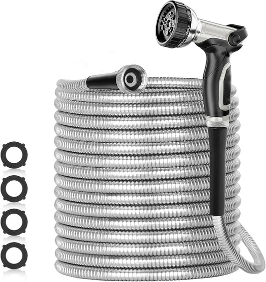 200ft 304 Stainless Steel Garden Hose Metal, Heavy Duty Water Pipe with Nozzles for Yard, Outdoor - Flexible, Never Kink  Tangle