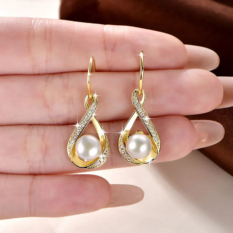 OXTAO Infinity D Moissanite Dangle Hook Earrings for Women 8mm Natural Freshwater Pearl Earrings Wedding Jewelry Gift 14K Gold Filled