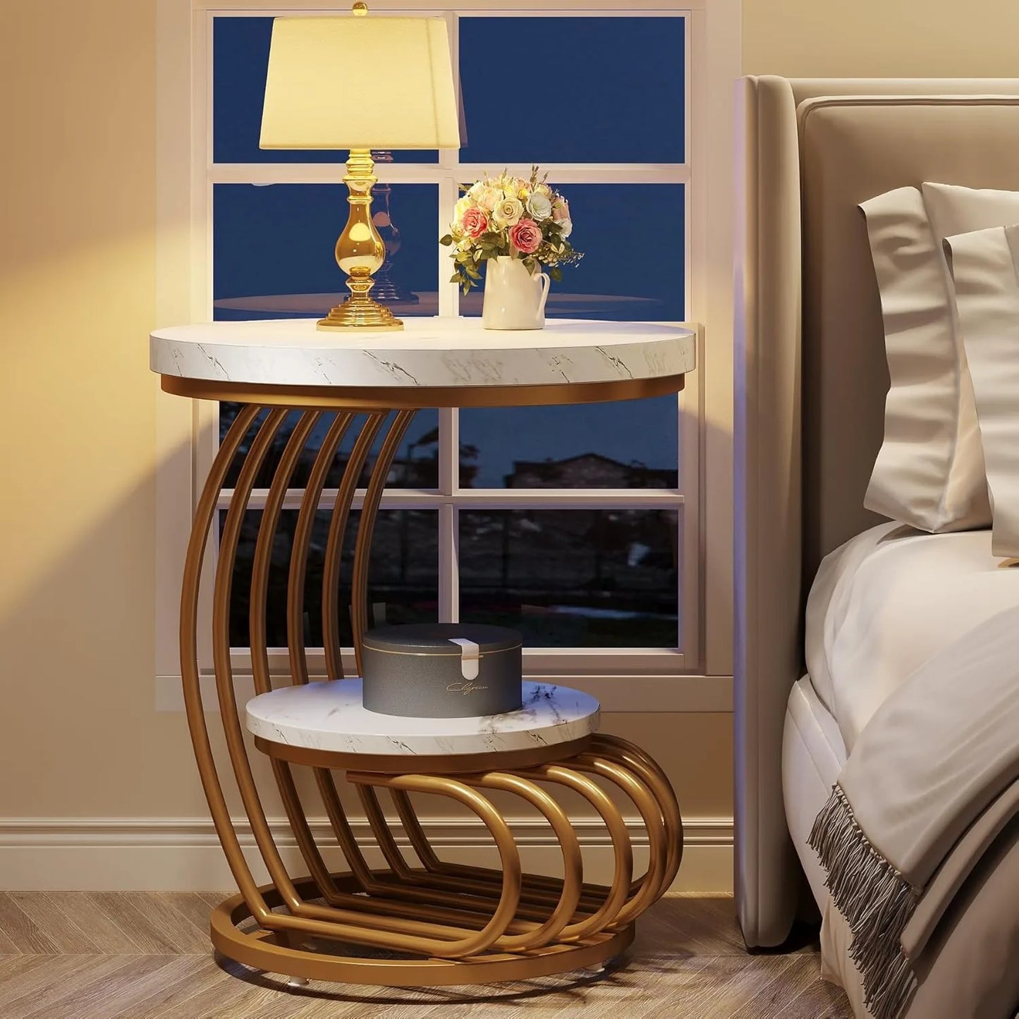 Round End Side Table: Side Table with 2 Tiers Storage Shelves, Small Bedside Table Accent Table with Arc-Shaped Frame