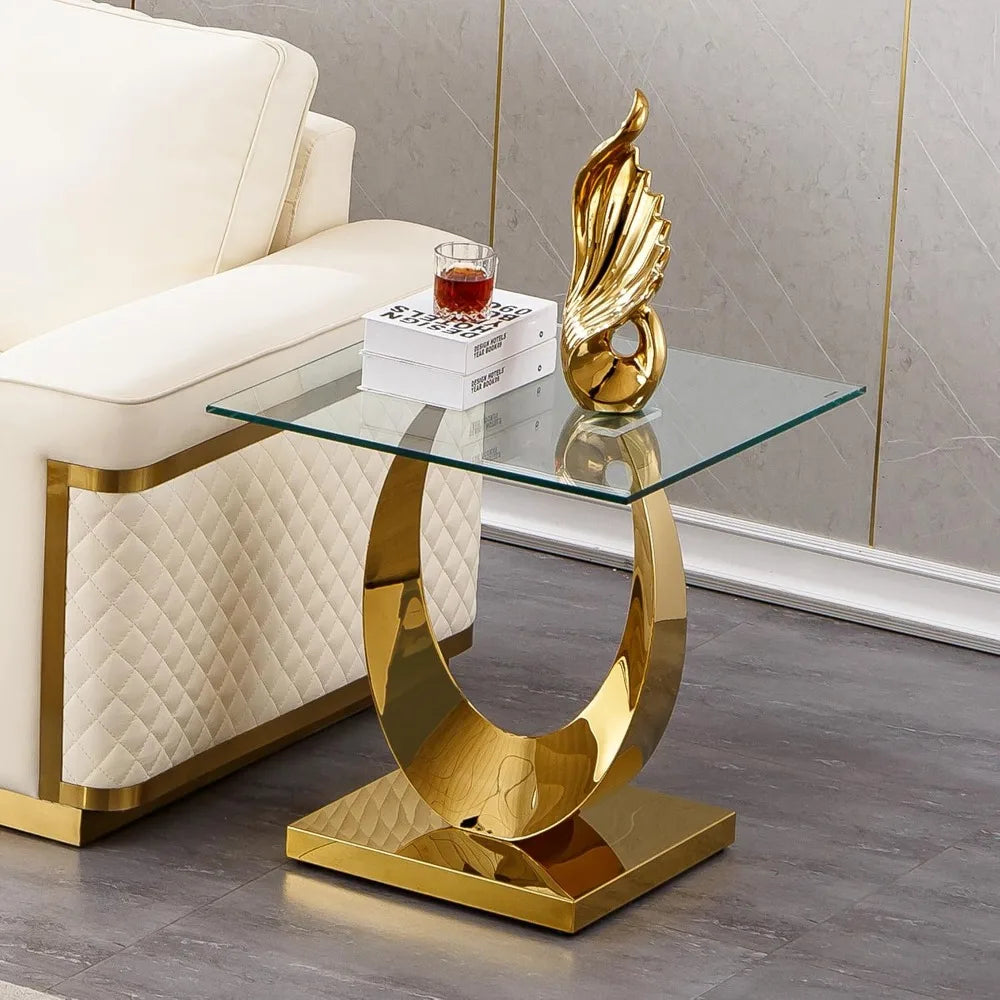 1 Piece Living Room End Table Luxury Glass Side Table, Modern Gold End Table with Half Moon-Shape Stainless Steel Pedestal