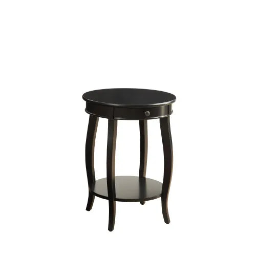 Black Finish Round Accent Table with Drawer and Open Bottom Shelf
