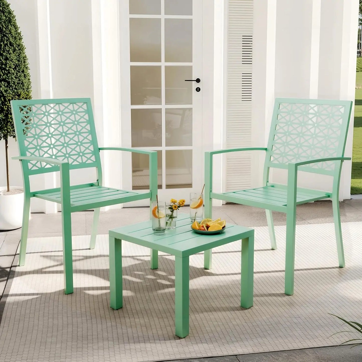 3-Piece Outdoor Bistro Set,Stackable Modern Metal Patio Furniture Set, 2 Chairs&Coffee Table,for Backyard Balcony Garden Lawn