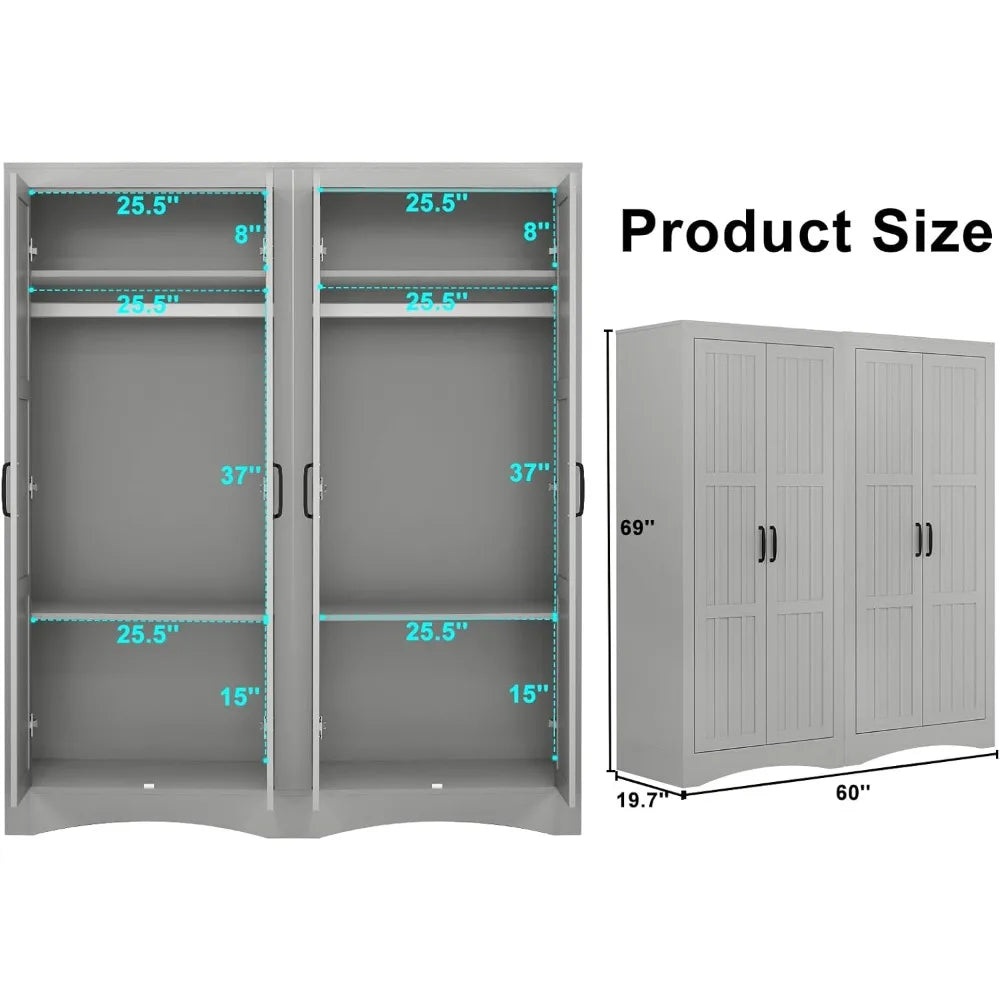 Wardrobe Closet with 4 Doors, Wooden Modern Freestanding Armoire with Shelves and Hanging Rod, Clothes Organizer Cabinet for Bed