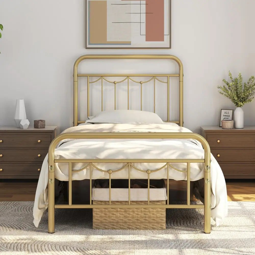 Twin Metal Bed Frame Vintage Spindle Headboard Antique Gold 450 Lb Capacity