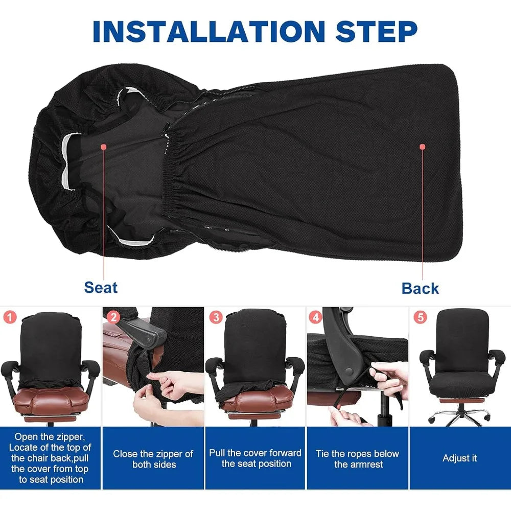 Stretchable Thick Jacquard High Back Desk Chair Cover with Armrests Large Black