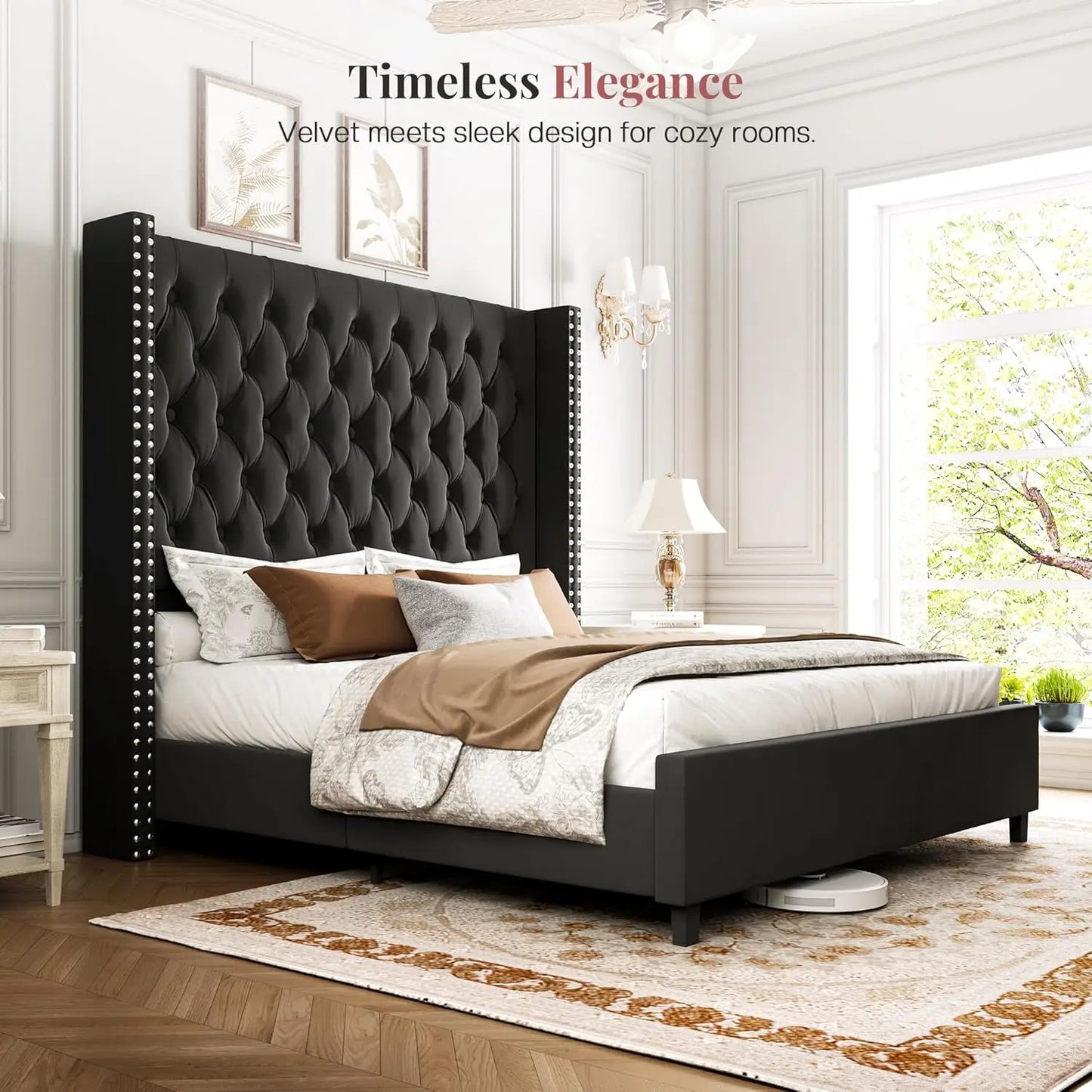King Size Bed Frame Wingback Velvet Upholstered Platform Deep Button Tufting Solid Wood Legs No Box Spring Black, Customized