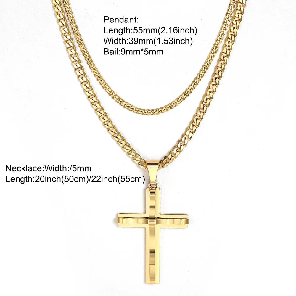Womens Mens 2pcs Cross Pendant Necklace Layered Gold Color Stainless Steel Curb Cuban Link Chain Wholesale Jewelry