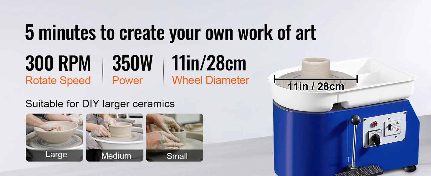 SucceBuy 11in Pottery Wheel Ceramic Forming Machine Adjustable 60-300RPM Speed Handle Foot Pedal Control ABS Detachable Basin