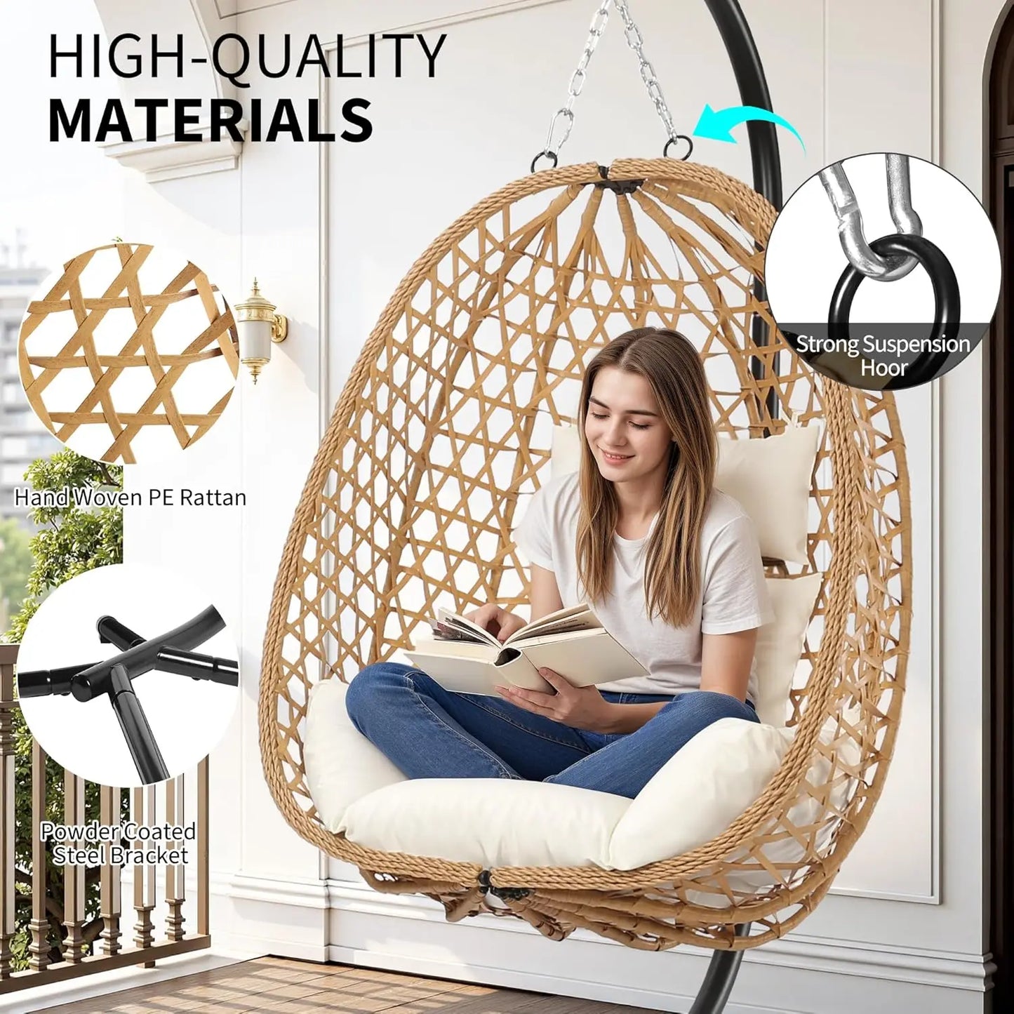 Egg Chair with Stand, Patio Wicker Hanging Chair, Hammock Swing Chair, 350LBS Capacity for Bedroom, Balcony, Garden (YE-BE)