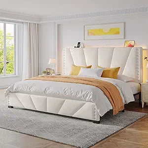 Velvet Headboard and LED Lights， Storage Headboard Platform Bed with Charging Station，King Size Bed Frame