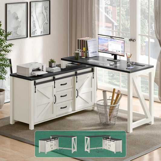Executive L Shaped Office Desk with Drawers, Farmhouse Corner Desk for Home Office with Storage Cabinet, Computer Desk with Char