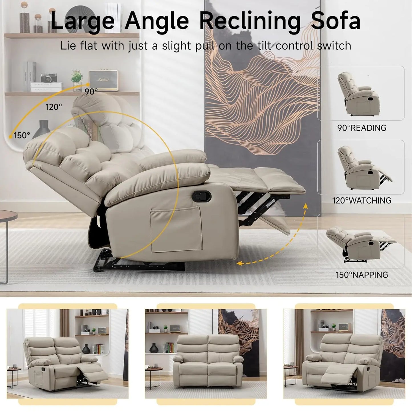 Wall Hugger Reclining Loveseat Anti-Scratch Leather Side Pocket Living Room RV Home Theater 2-Seat Beige, Customized