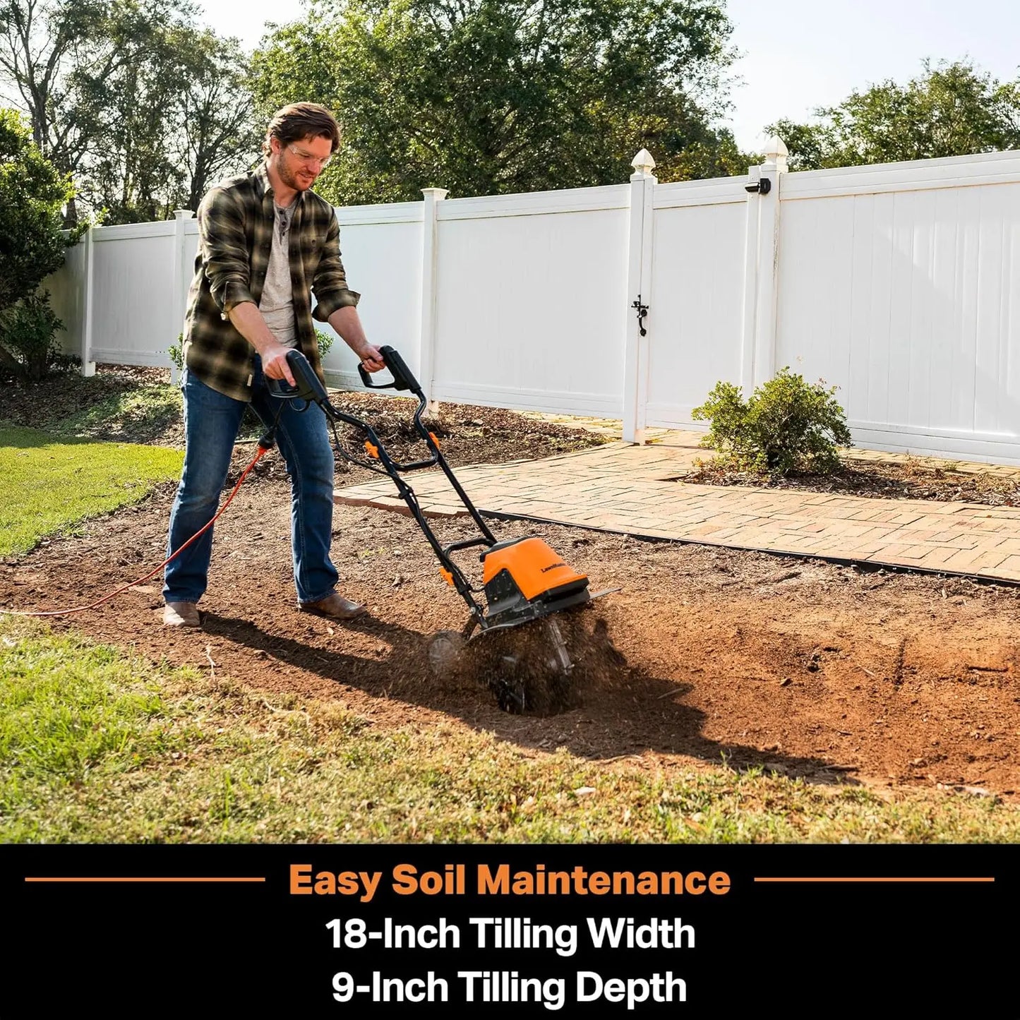 18 Inch Electric Tiller, 13.5 Amp 380 RPM, 6 Steel Tines, Foldable Handles