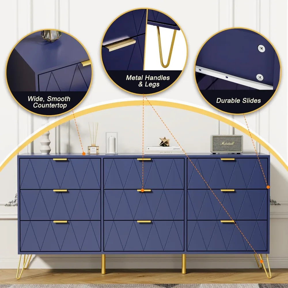 9 Drawer Dresser Navy with Gold Handles for Bedroom, Chest of Drawers & Long Dresser with Deep Drawers, Modern Wood Dressers