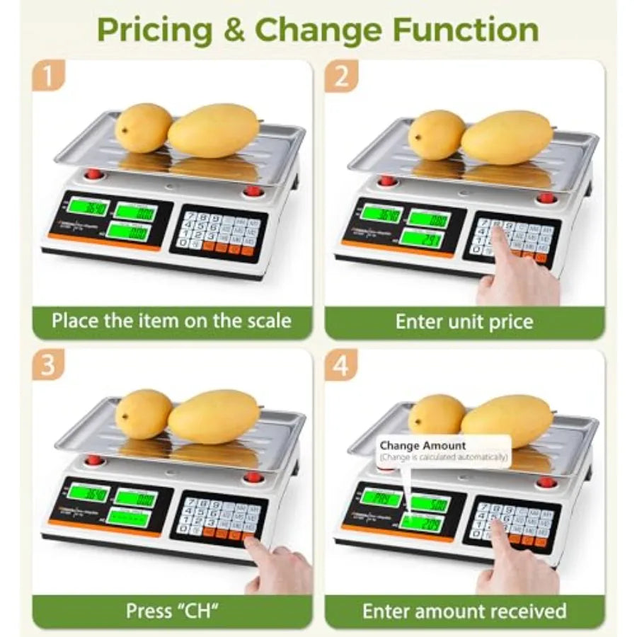 Commercial food kitchen scale for produce, farmers, markets, meat: 88lb/40kg price computing scale with dual-sided display, pre