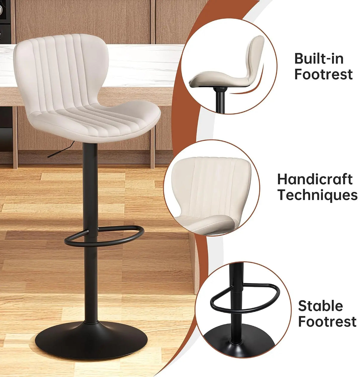 Beige Leather Adjustable Bar Stools Set of 2, Modern Counter Height Chairs