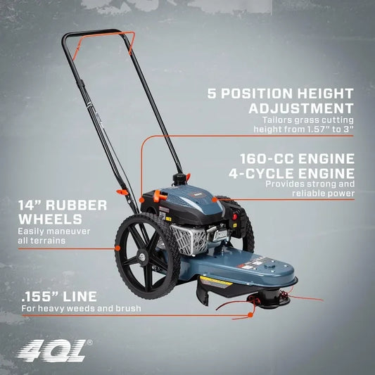 NEW  High Wheel Gas Walk Behind Brush Cutter and String Trimmer, 22-Inch Swatch with .14" Rubber Wheels, Adjustable Height (STMG