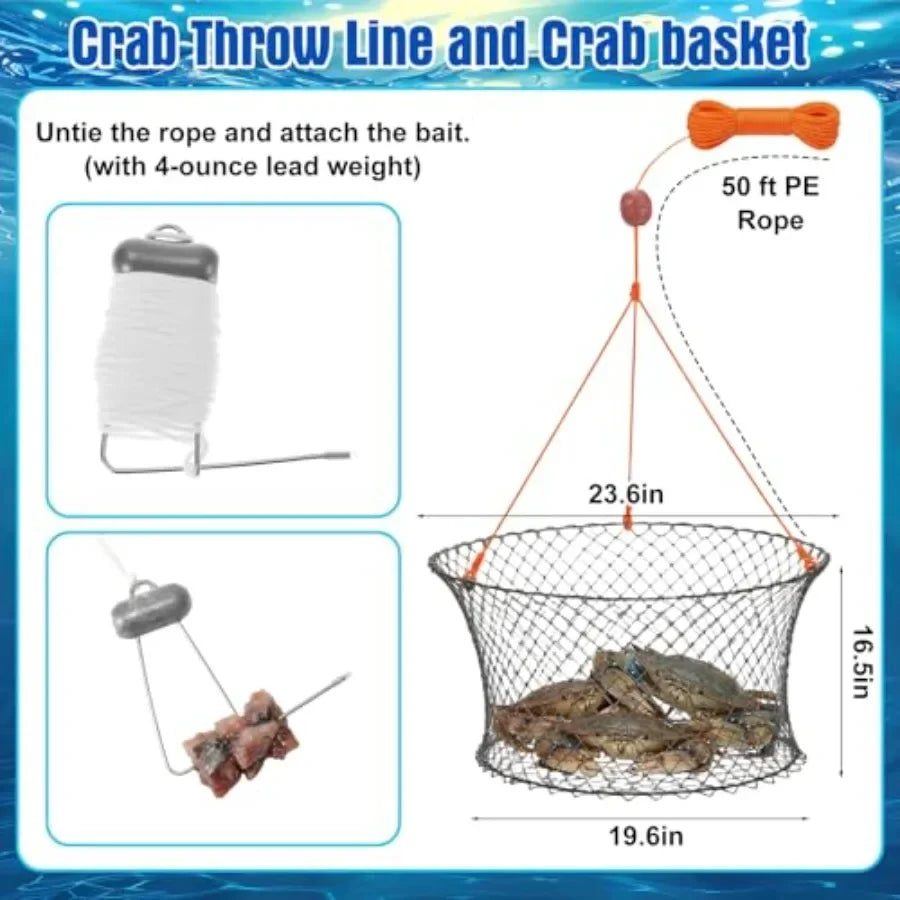 Fishing Crabbing Kit for Summer Pier Beach Use: Nylon Cast Net, Galvanized Steel Traps Lines, Blue Crab Cage, Green Butterfly N