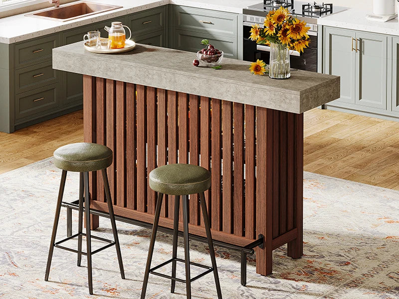 LITTLE TREE 63-Inch Large Home Bar Unit,2-Tier Kitchen Island Mini Bar Height Pub Table with Footrest, Modern Coffee Bar Cabinet