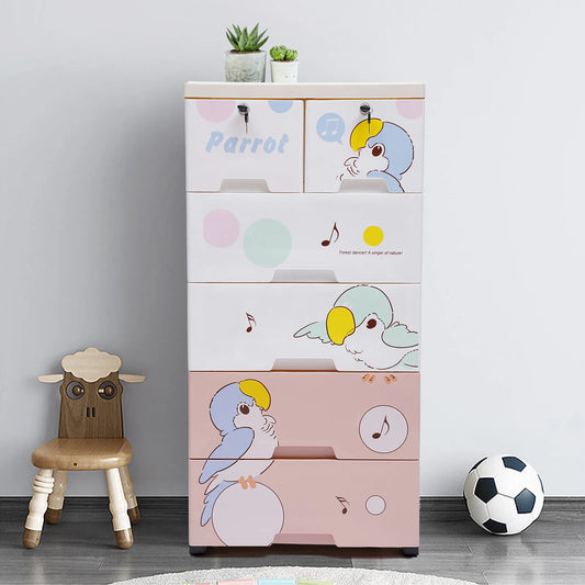 Kids Plastic Dresser – 6 Drawers, Parrot Pattern. 66Lbs Load, Lockable Drawers. For Nursery/Kids Room, Easy To Move & Clean