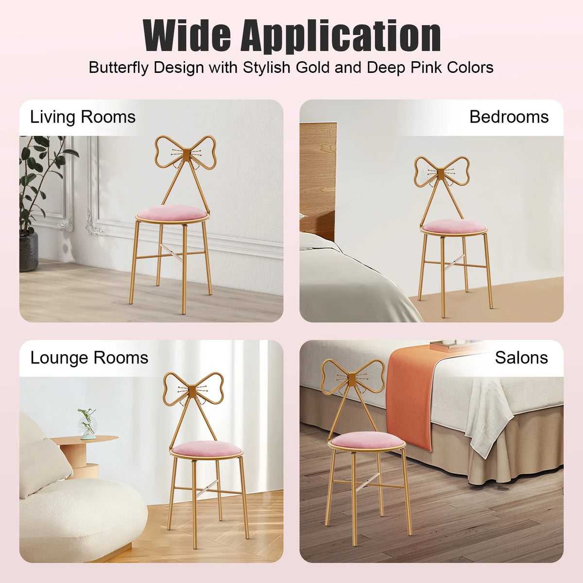 Pink Butterfly Back Flannelette Vanity Stool Makeup Chair for Bedroom Dresser