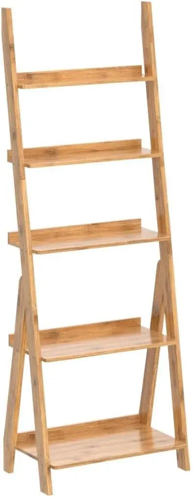 Bamboo Ladder Shelf Bookcase, 5-Tier Leaning Bookshelf Free Standing Organizer Storage Shelves for Living Room, Bedroom